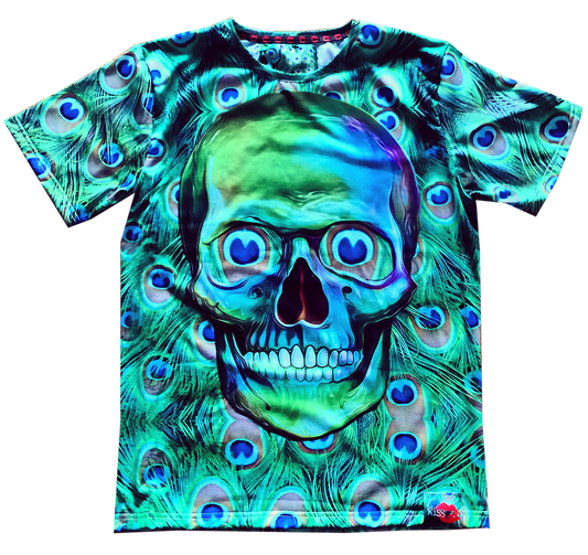 Peacock Skull KiSS All Over T-Shirt - Green Summer Pattern - Skulls