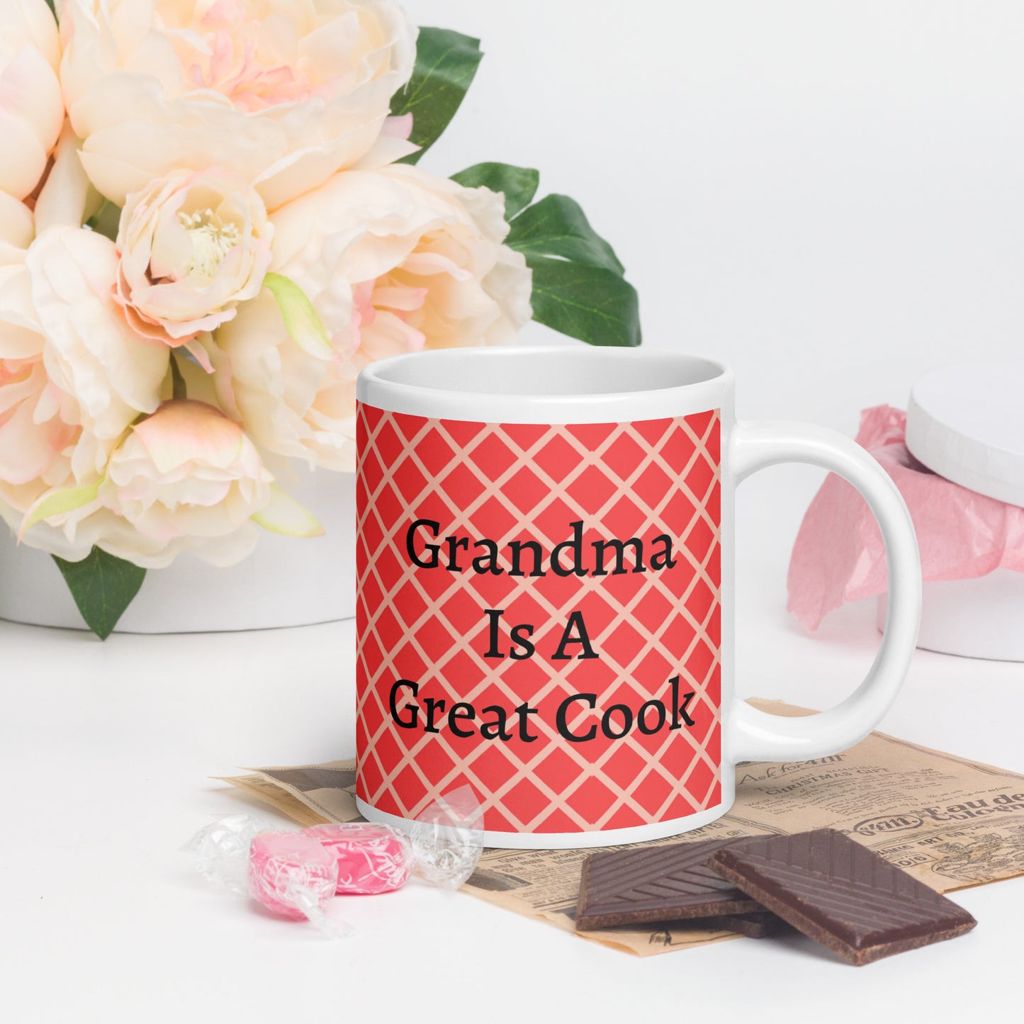 Jim Halpert’s White glossy mug - Grandma Is a Great Cook Red Pattern The Office