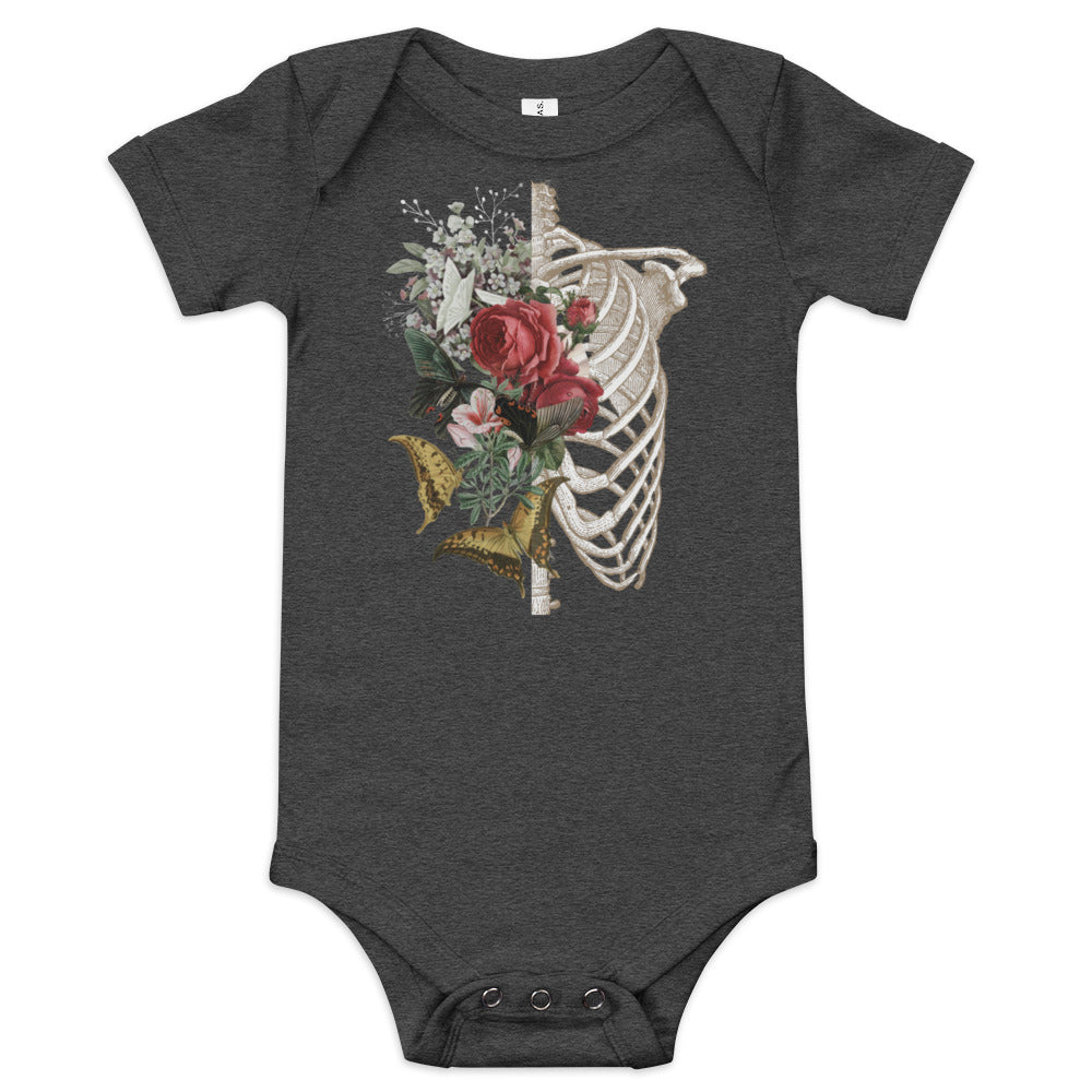 Skull Ribcage Flowers Baby Bodysuit - Gothic style Skeleton rose