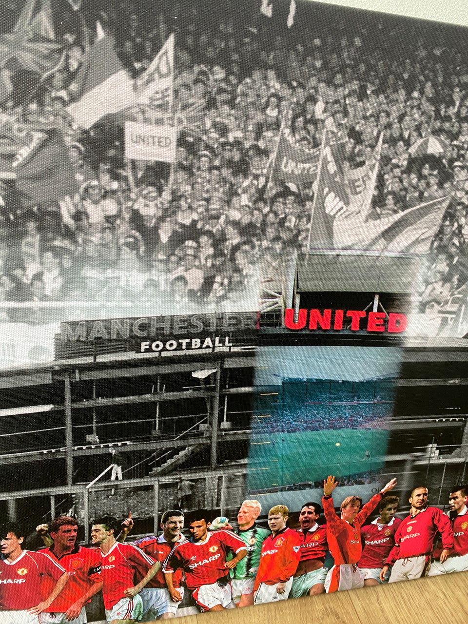 MUFC KiSS Large Panoramic Canvas - Manchester United Football GGMU - Sports Timeline - Then and Now - Unique Artwork - Old Trafford Wall Art