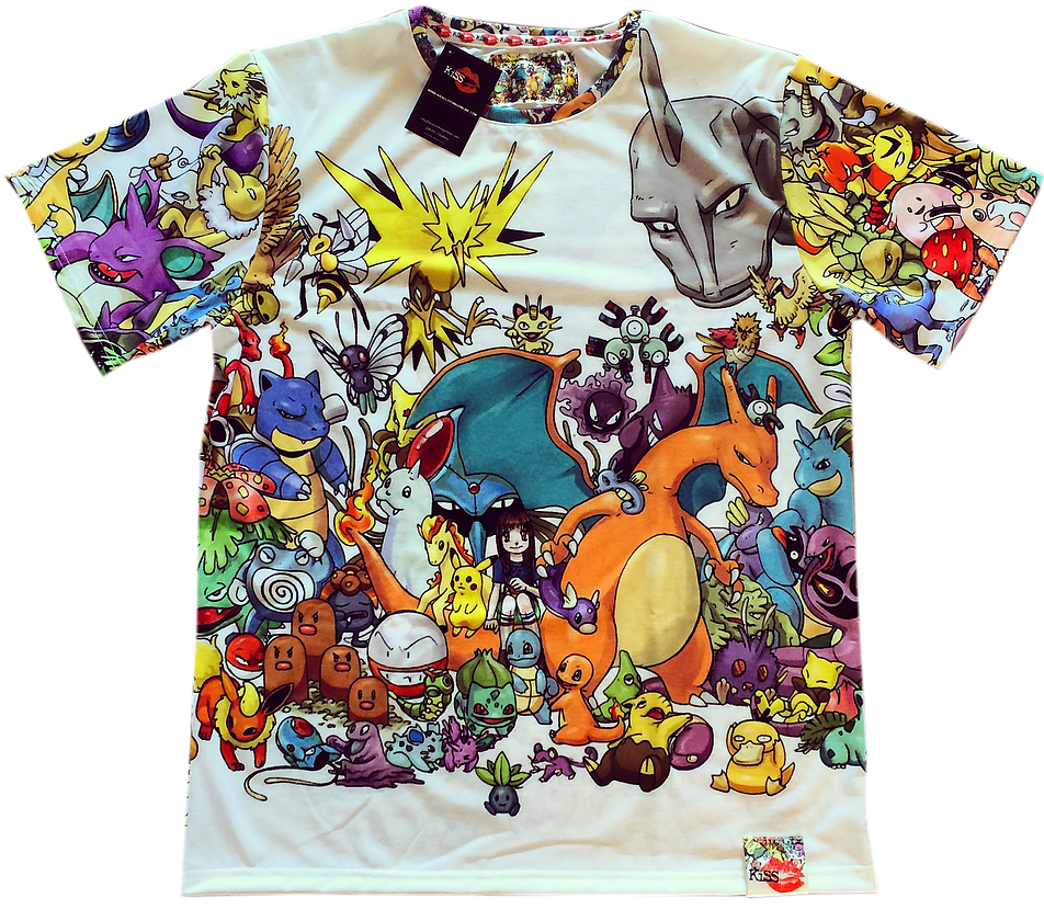 Pokemon KiSS Cut & Sew Top - Characters Collage - Gamer Gift for him & her - Pikachu Ash Squirtle Charizard
