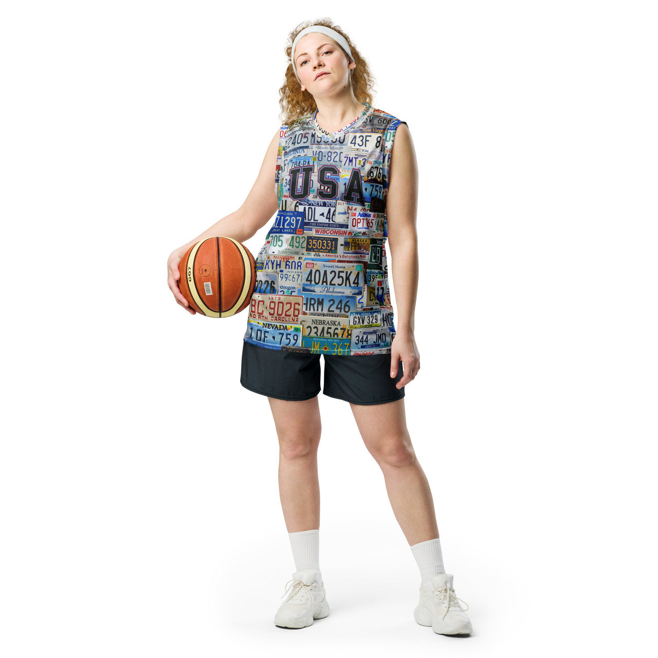 USA License Plates KiSS Recycled unisex basketball jersey - Travel NYC LA Texas Chicago