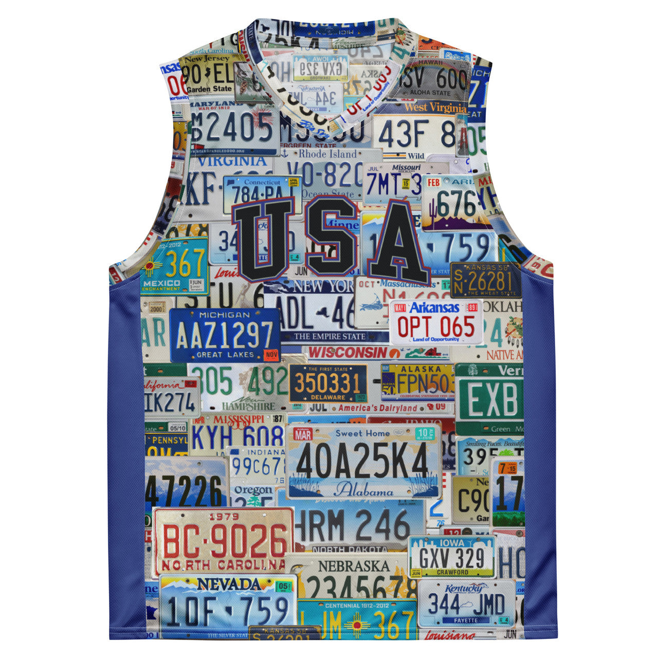 USA License Plates KiSS Recycled unisex basketball jersey - Travel NYC LA Texas Chicago