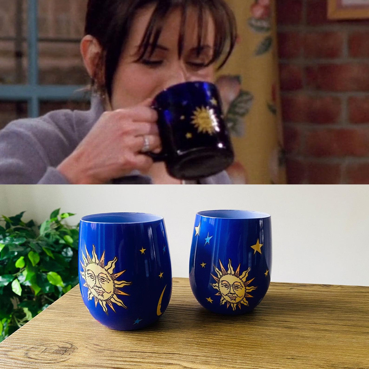 Friends Celestial KiSS Water Glass - Coffee Mug Monica Ross Rachel Joey Chandler Phoebe - Season 3 Sun Moon Stars - Blue Libbey Royal TV Show