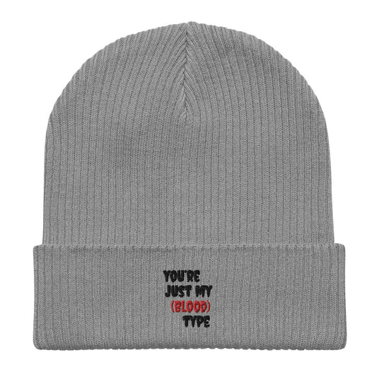 My Blood Type KiSS Organic ribbed beanie - Embroidered text Halloween